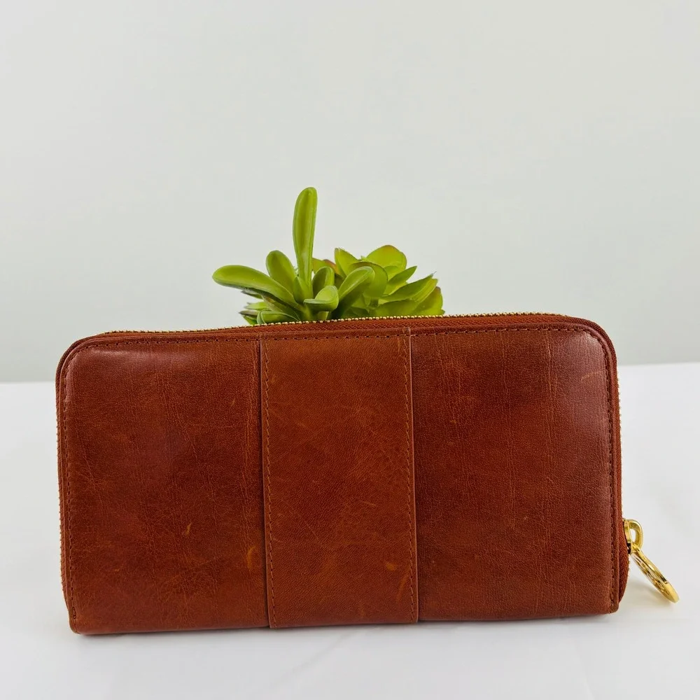 Tory Burch Amanda Zip Around Continental Wallet Brown Leather Gold Logo - Picture 2 of 9